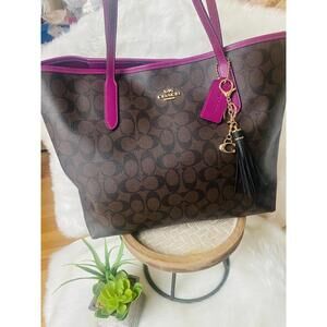 Coach Signature Brown and purple CityTote Bag with Purple Trim and Tassel Charm